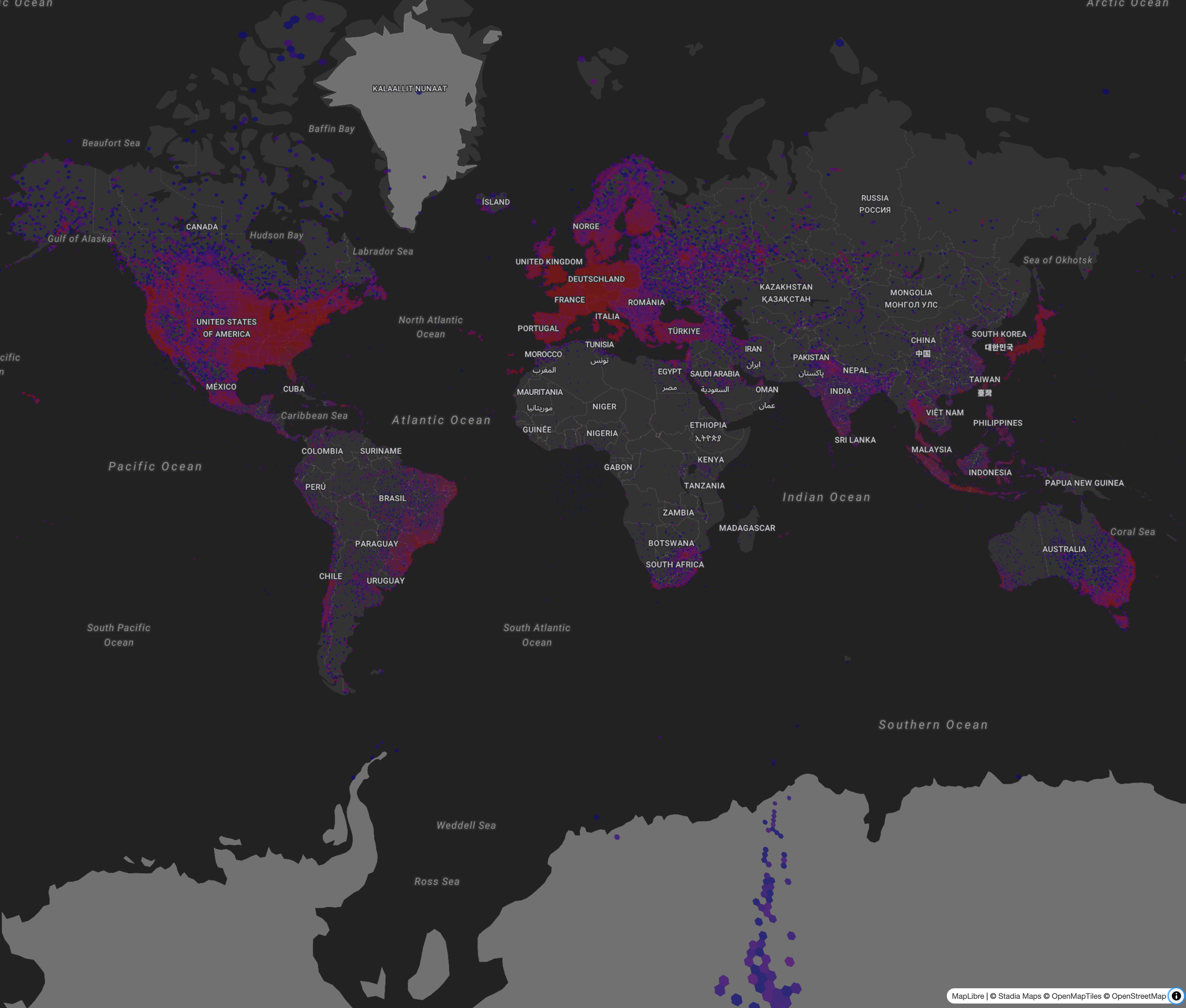 A map of the world showing heavy density in the US, southern Canada, central Mexico, parts of coastal South America, Europe, Korea, Japan, parts of SE Aaia, and Australia